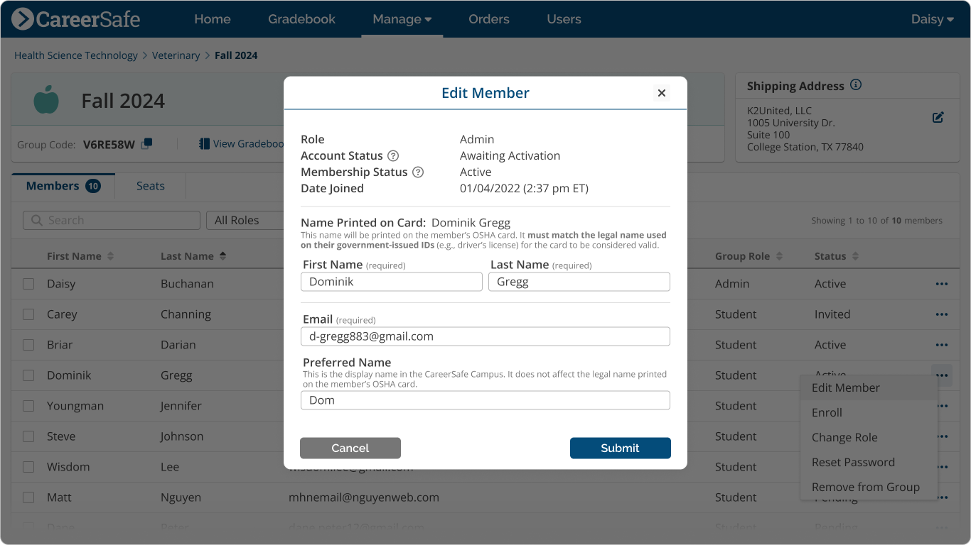 screenshot: Manage Group Member Change Email