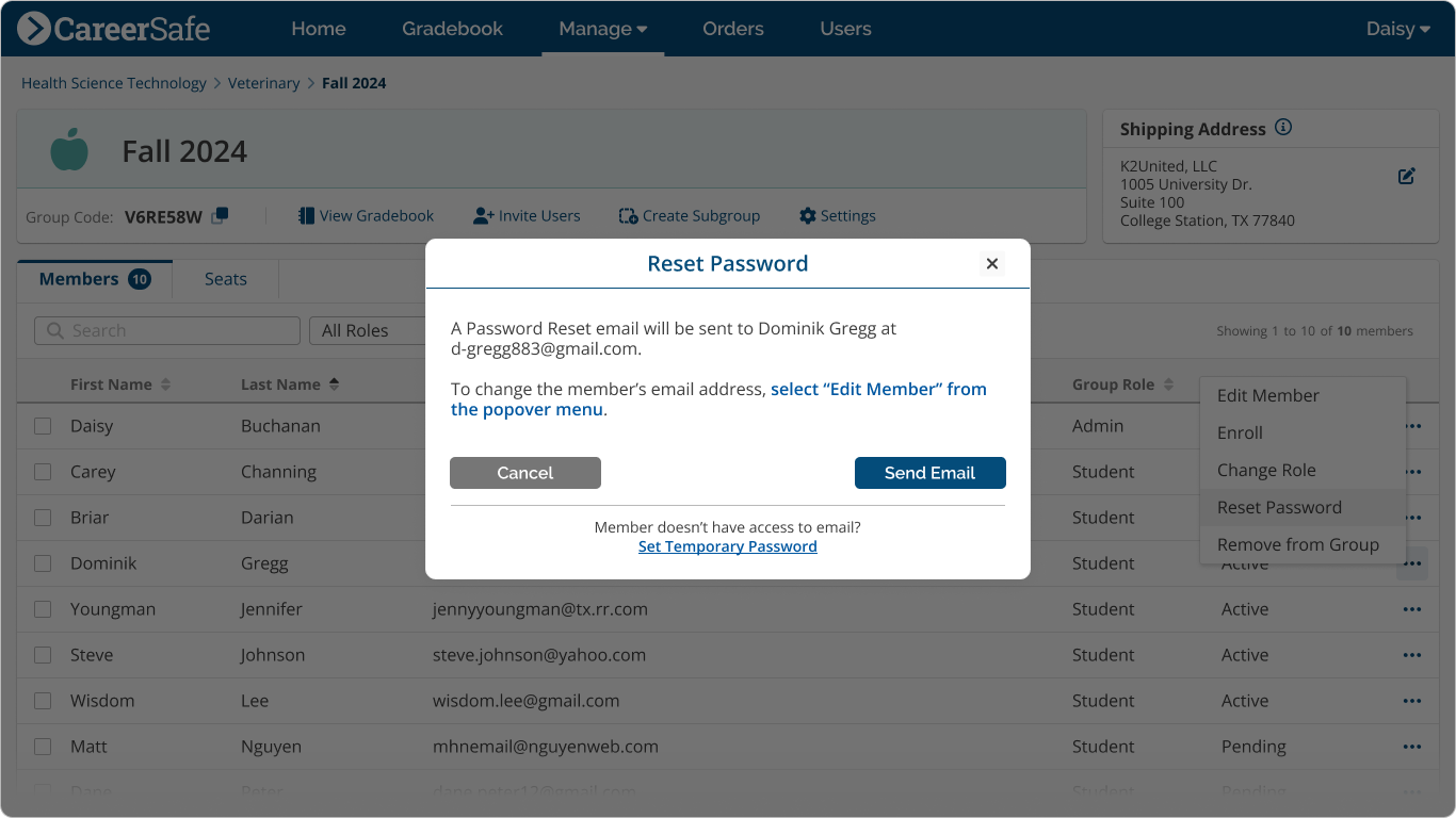 screenshot: Manage Group Member Reset Password