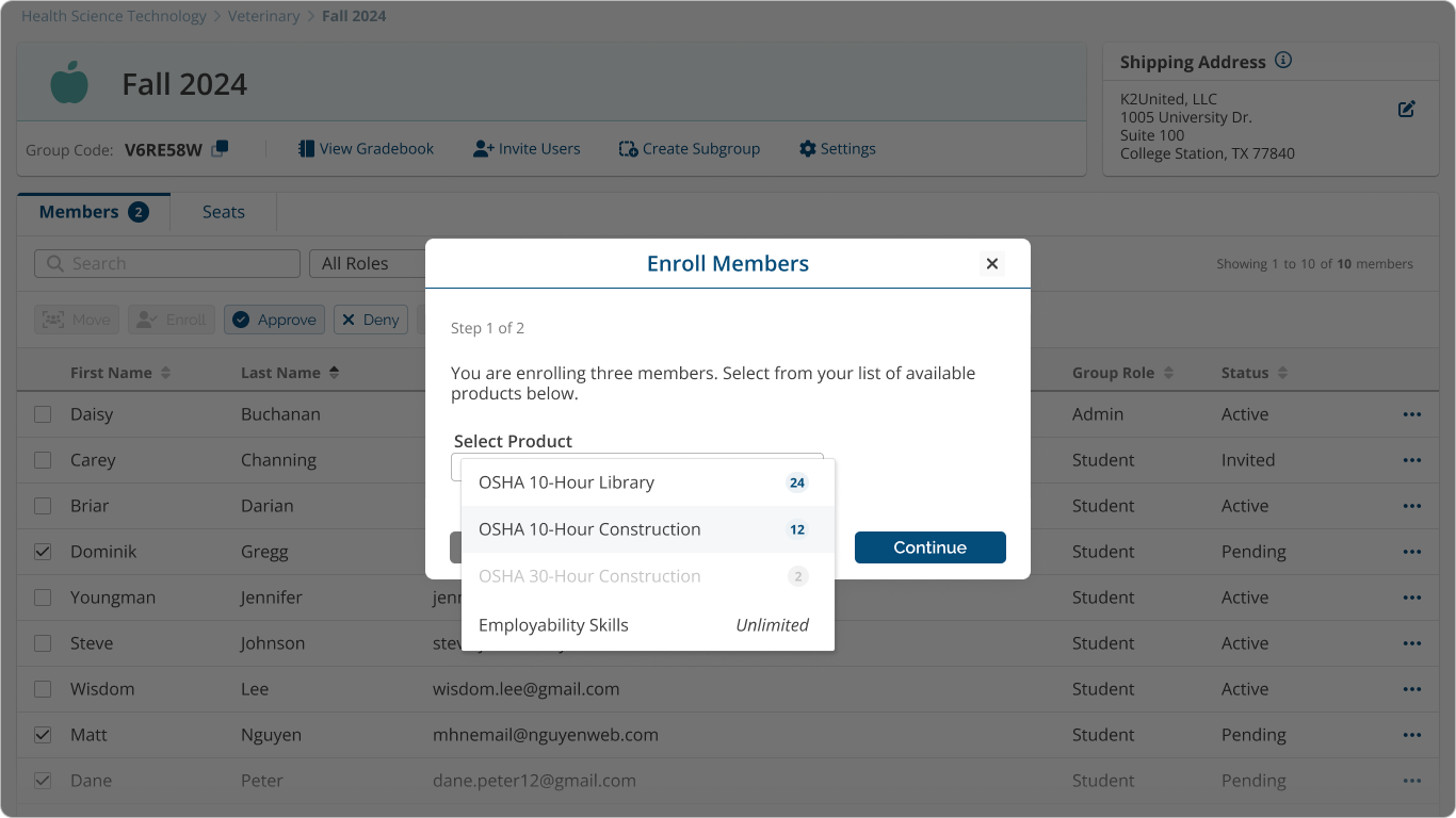 screenshot: Approve/Enroll Member Bulk modal