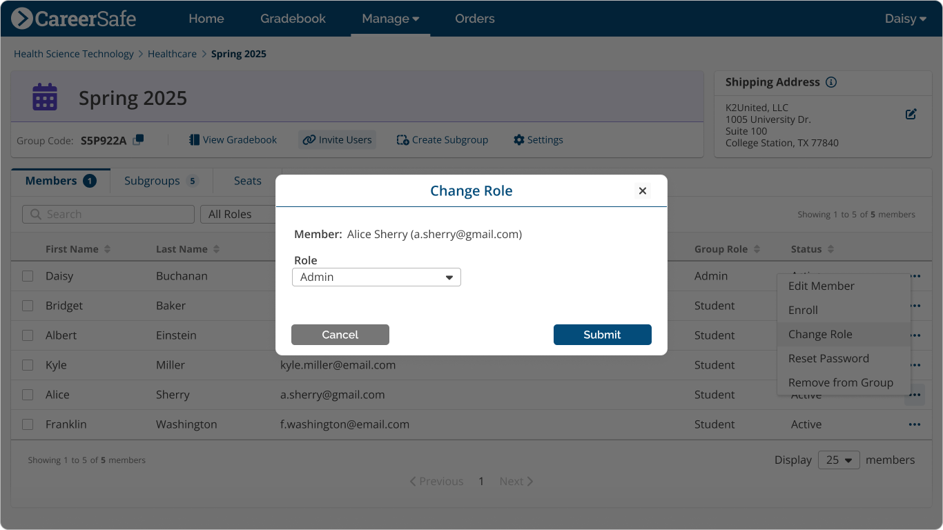 screenshot: Change Role modal