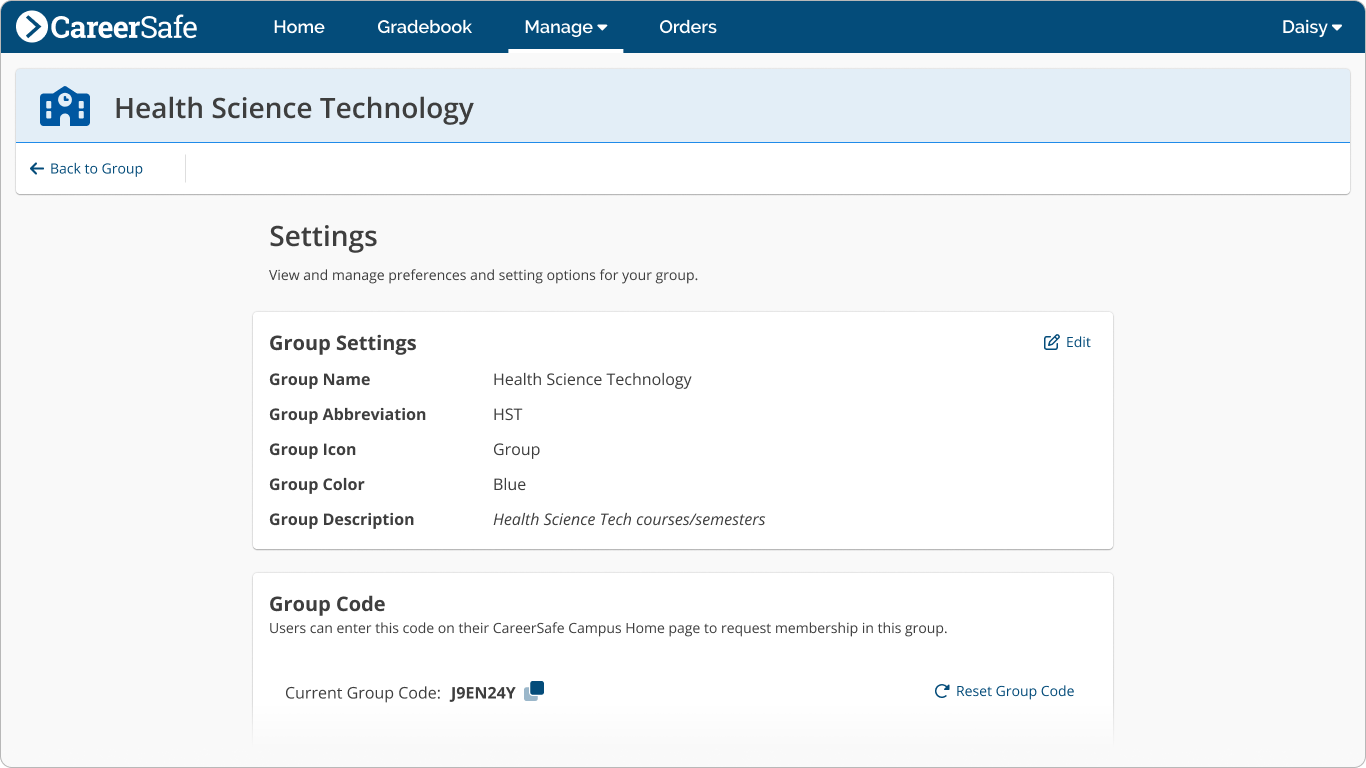 screenshot: Group Settings page