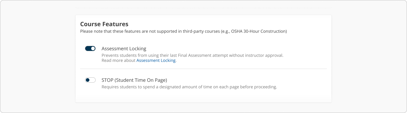 screenshot: Group Settings Course Features Assessment Locking