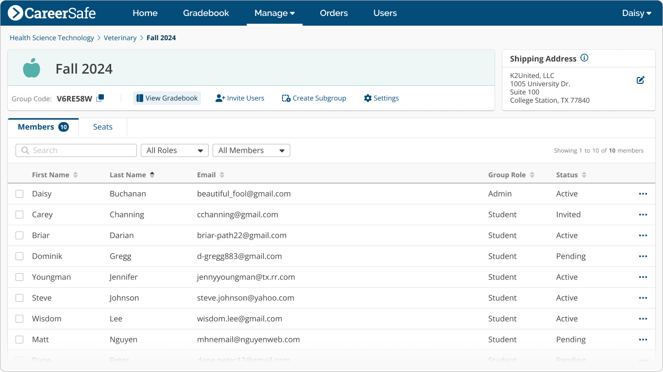 screenshot: Manage Group View Gradebook