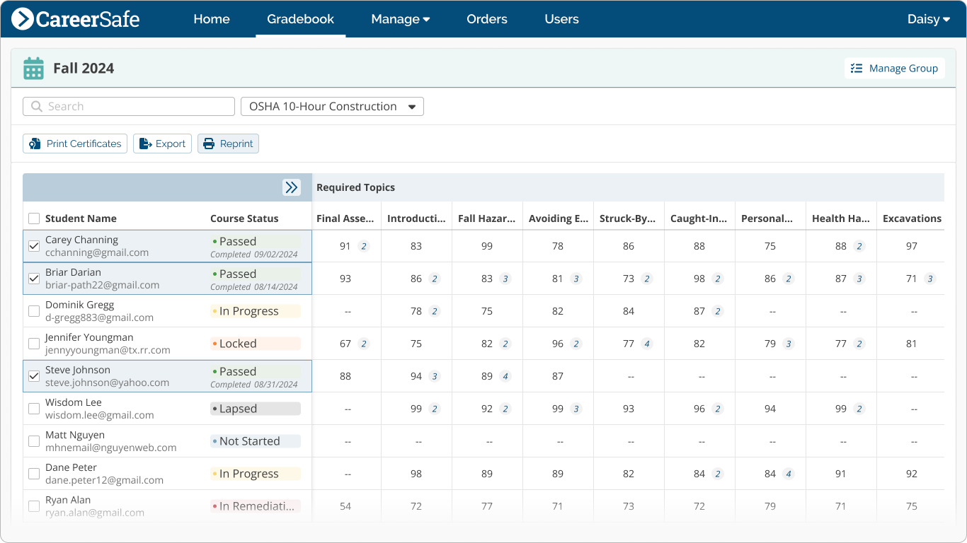 screenshot: Gradebook Reprint Multiple 