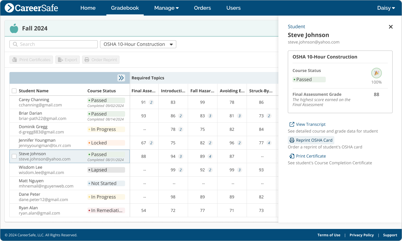 screenshot: Gradebook Student Drawer Reprint